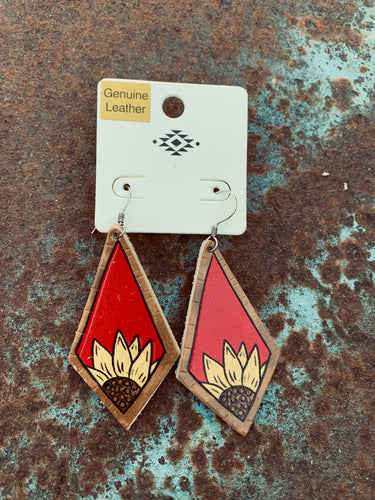 Red leather sunflower earrings