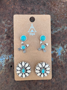 Turquoise and silver cluster boho earrings