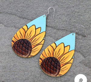 Turquoise leather sunflower earrings