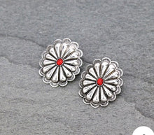 Load image into Gallery viewer, Silver and red concho earrings