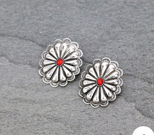 Silver and red concho earrings