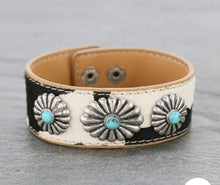 Load image into Gallery viewer, Black and white cowhide style concho bracelet