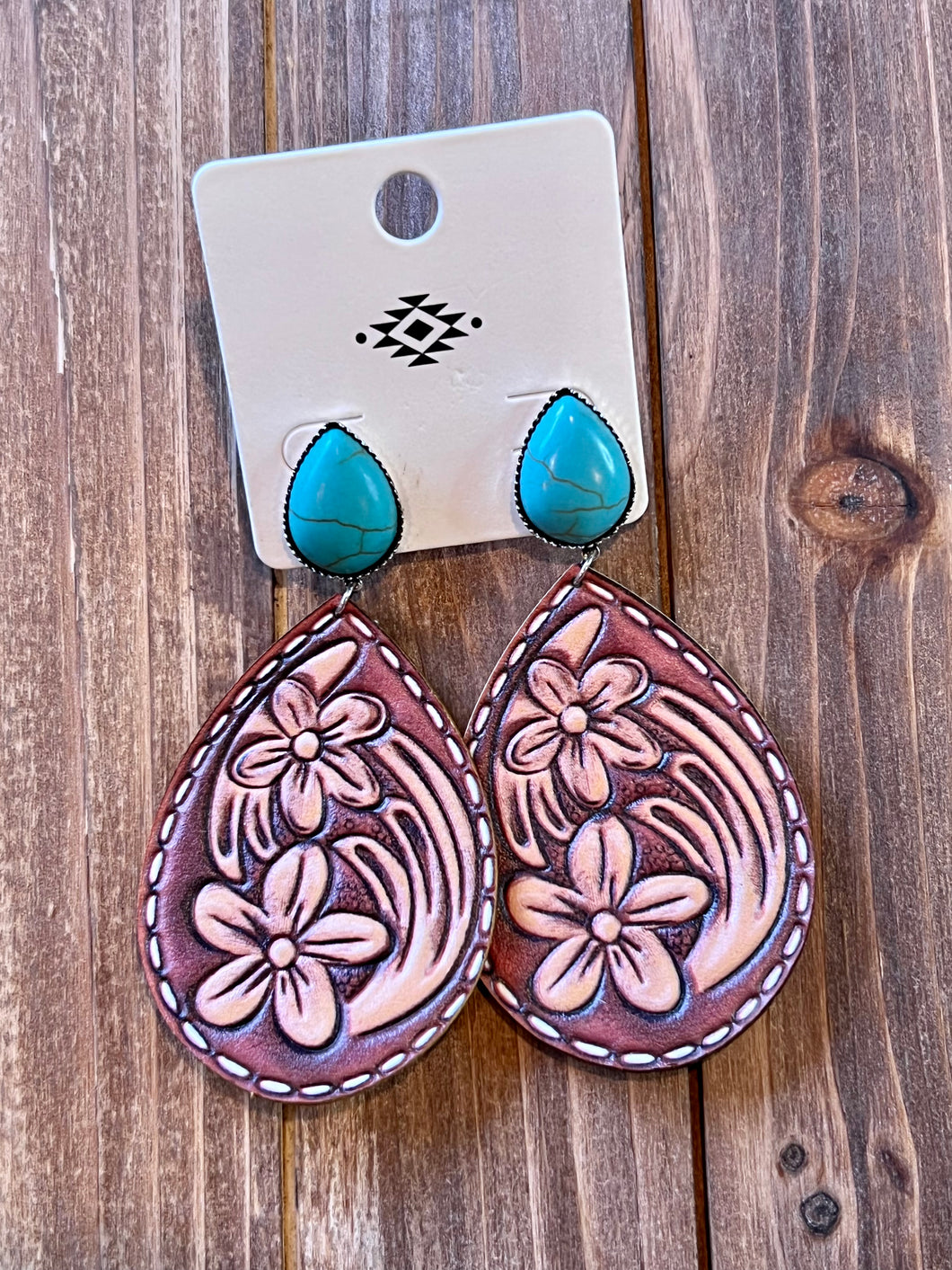 Turquoise and leather tooled double flower earrings