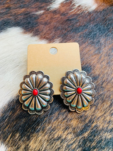 Silver and red concho earrings