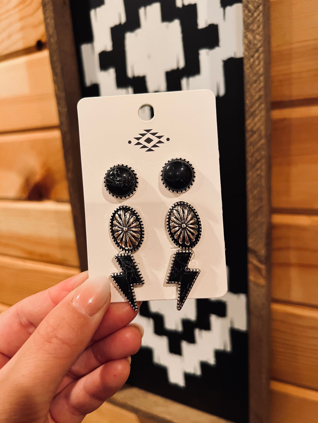 Black and silver bolt earring set