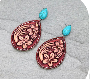 Turquoise and leather tooled double flower earrings