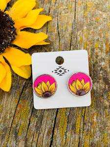 Pink leather sunflower post earrings