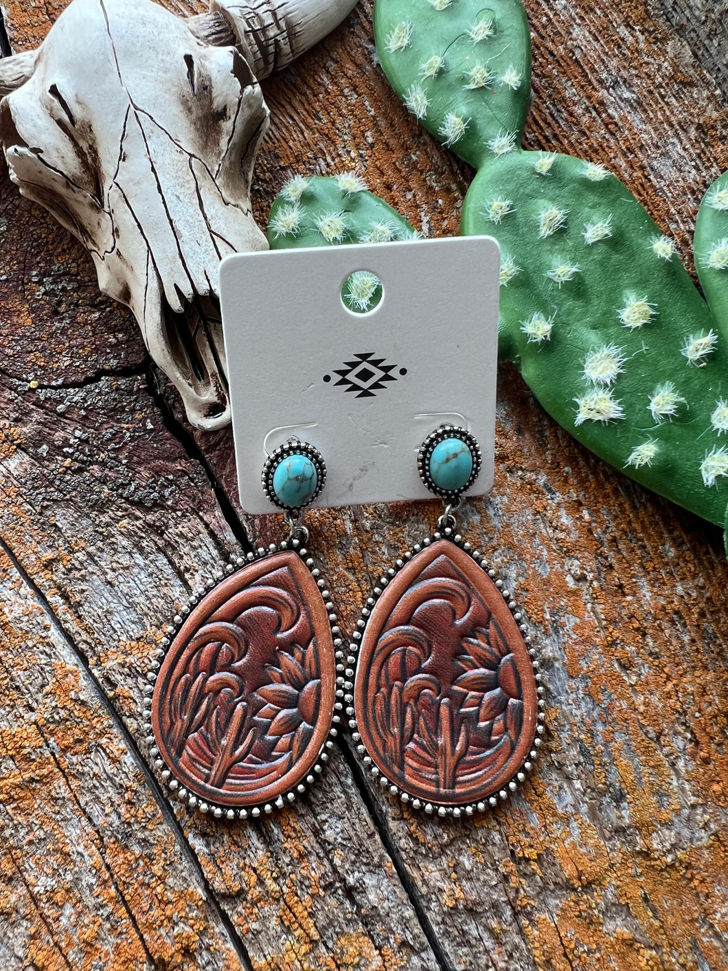 Turquoise and cactus leather earrings