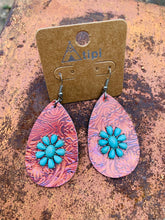 Load image into Gallery viewer, Brown and turquoise leather cluster earrings