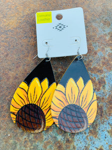 Black leather sunflower earrings