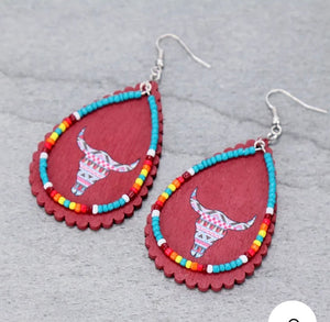 Red Aztec steerhead earrings