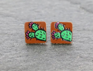 Leather cactus tooled simple earrings