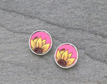 Load image into Gallery viewer, Pink leather sunflower post earrings