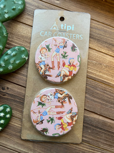 Pink vintage cowgirl ceramic car coasters