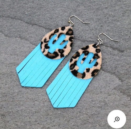 Turquoise and cheetah cactus fringe earrings
