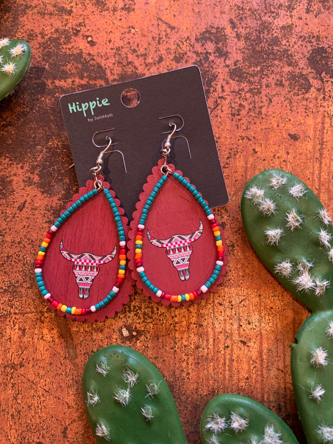 Red Aztec steerhead earrings