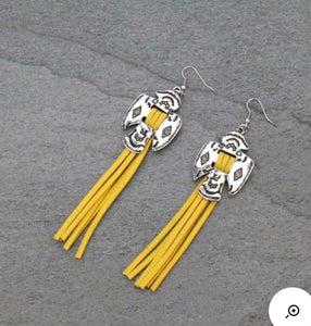 Yellow fringe thunderbird earrings