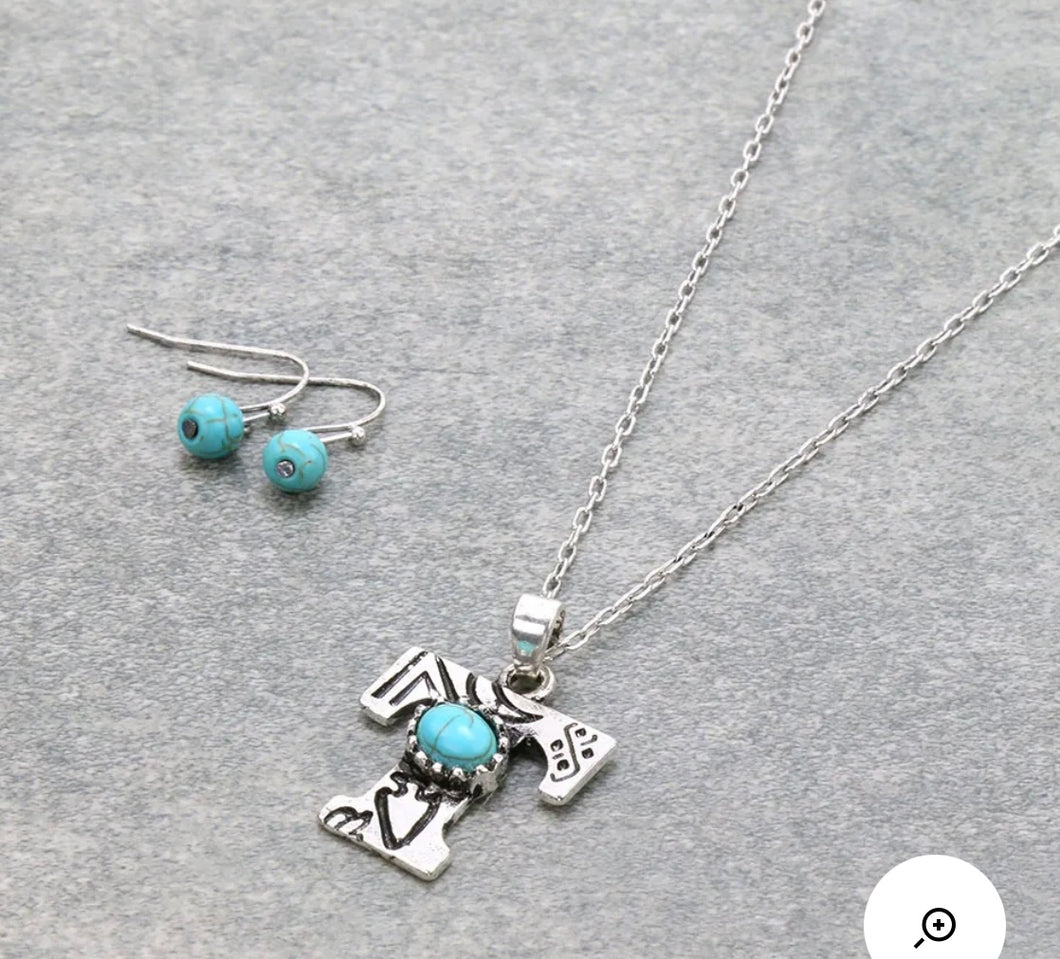 Silver and turquoise T initial necklace
