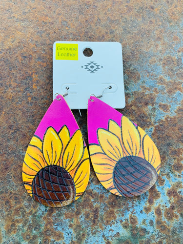 Pink leather sunflower earrings