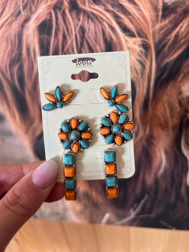 Turquoise and orange 3 piece earring set