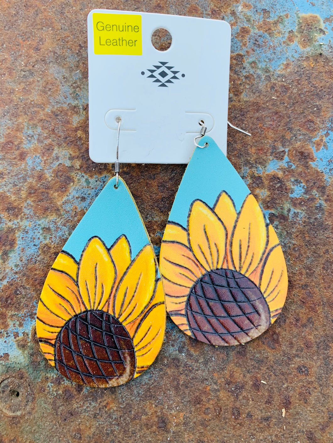 Turquoise leather sunflower earrings