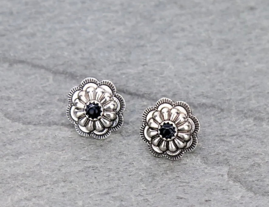 Simple Silver and black concho earrings
