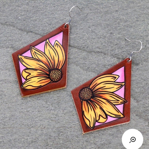 Pink leather sunflower earrings