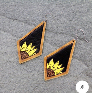 Black leather sunflower earrings