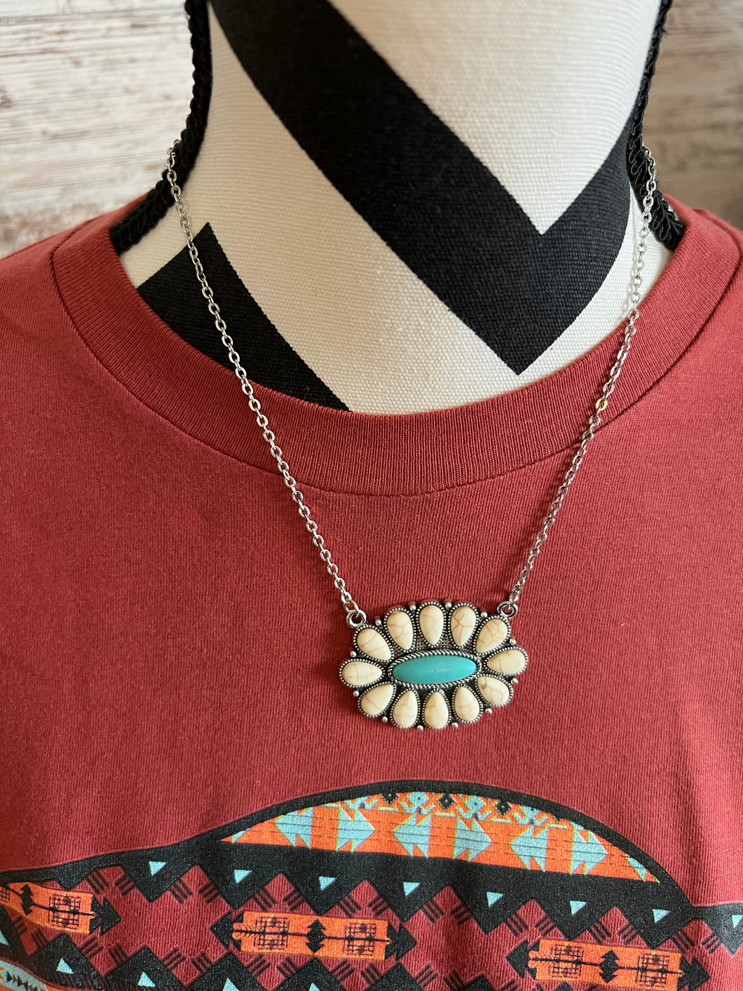 Turquoise and white cluster necklace