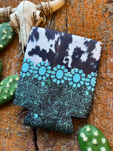 Cowprint and turquoise cluster drink sleeve