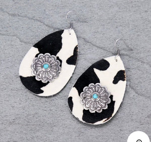 Black and white leather concho earrings