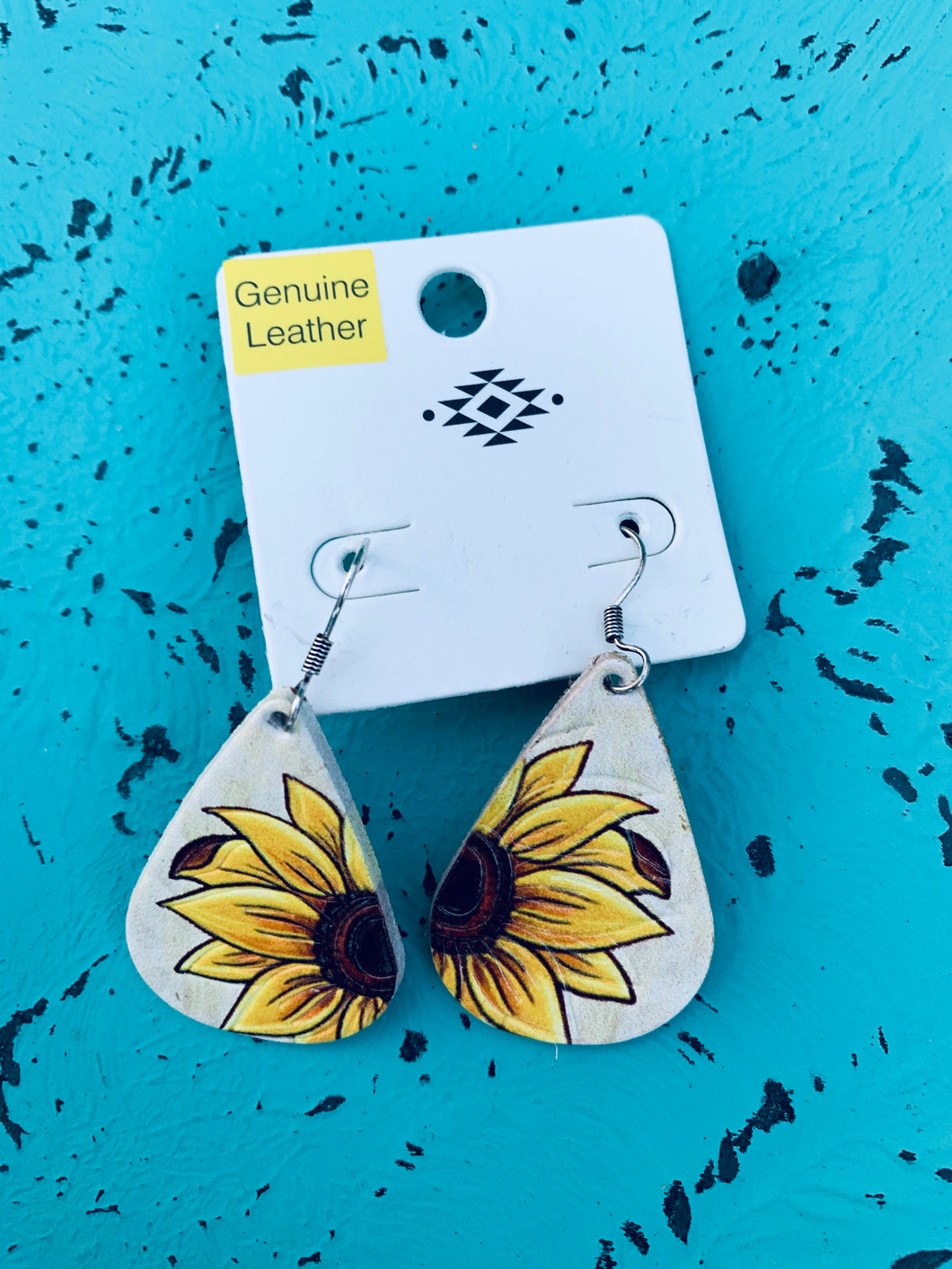 White leather sunflower earrings
