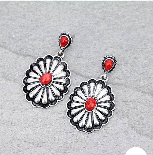 Red and silver concho earrings