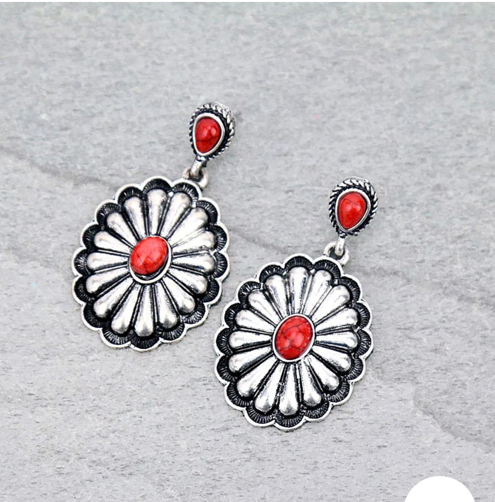 Red and silver concho earrings