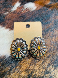Silver and yellow concho earrings