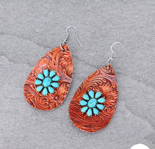 Load image into Gallery viewer, Brown and turquoise leather cluster earrings