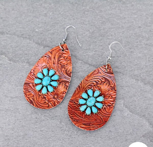 Brown and turquoise leather cluster earrings