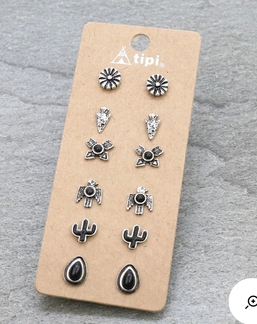 Black and silver boho 6 piece earring set