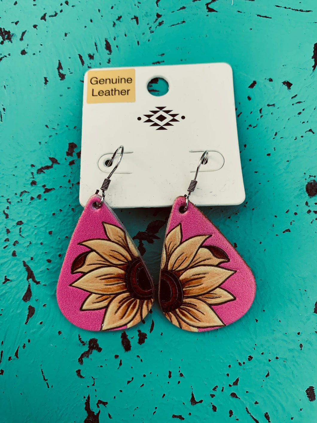 Pink leather sunflower earrings