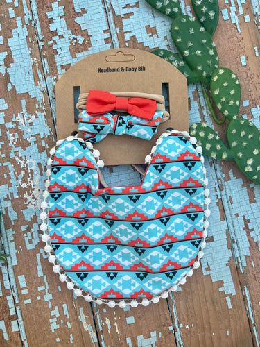 Blue Aztec baby bib & bow set