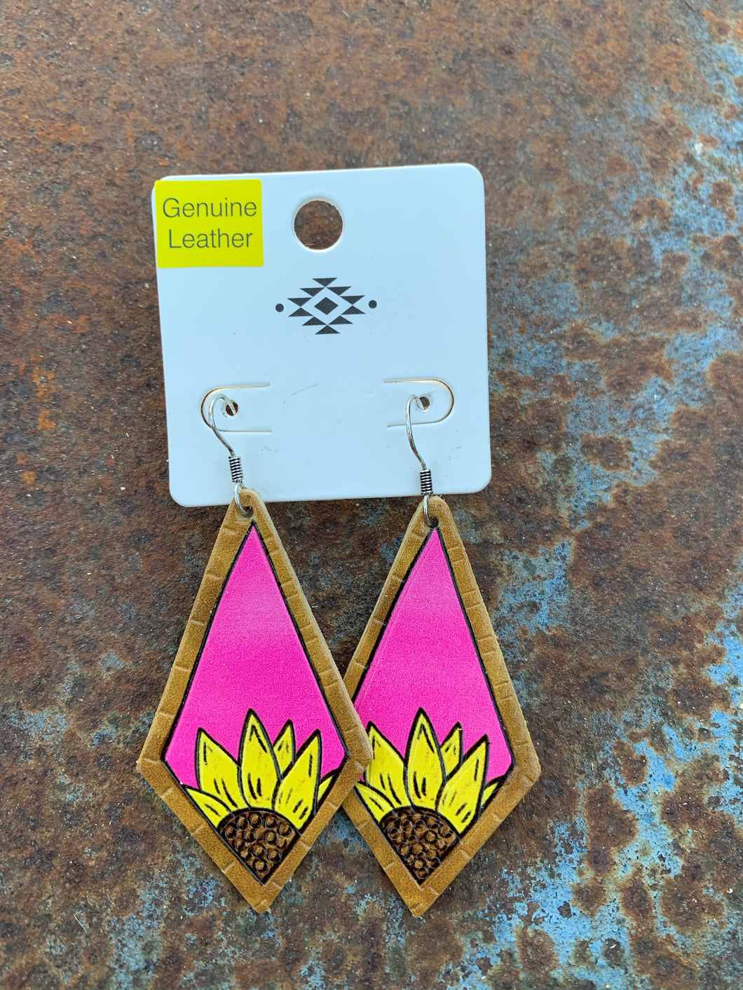 Pink leather sunflower earrings