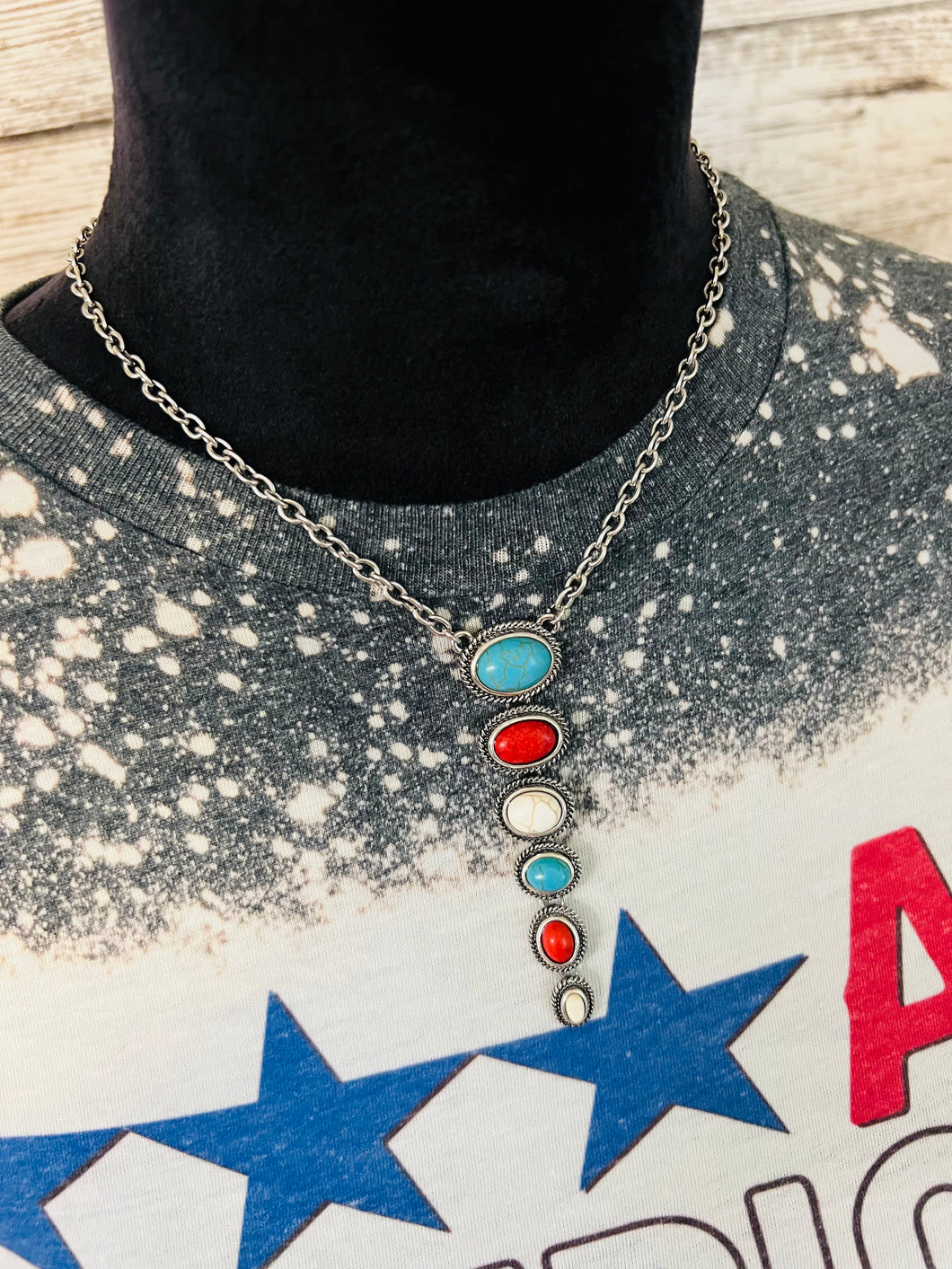 Red white and turquoise drop necklace