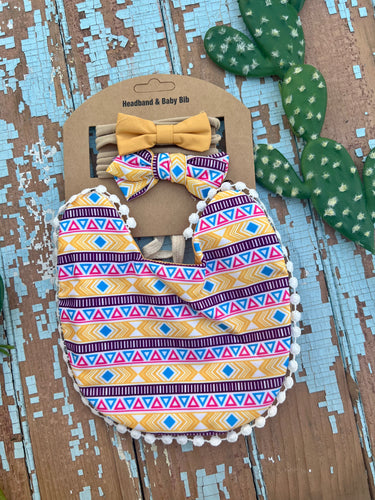 Yellow Aztec bib and bow set