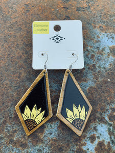 Black leather sunflower earrings