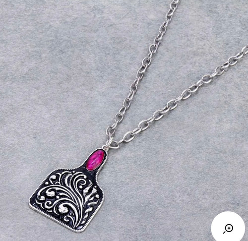 Pink cattle tag necklace