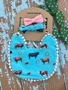 Turquoise cow baby bib and bow set