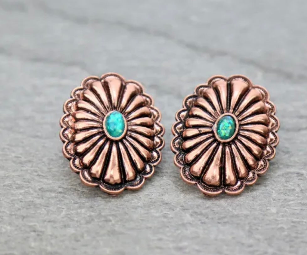 Bronze and turquoise opal concho earrings