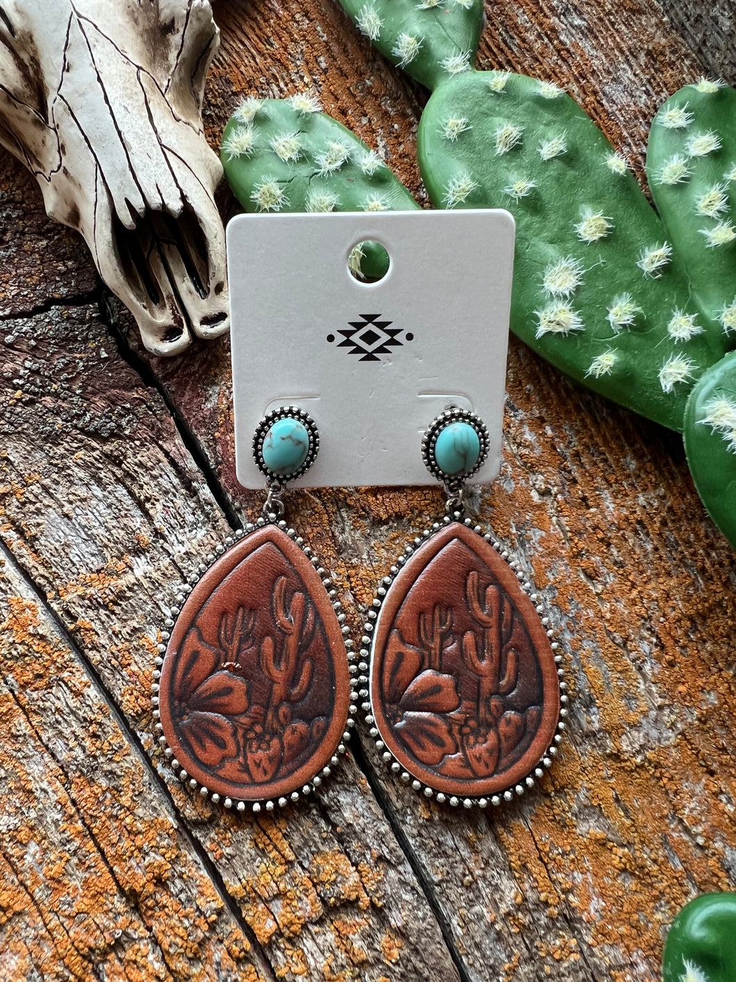 Turquoise flower/ cactus leather earrings